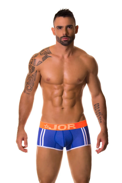 Blue jor electro boxer underwear size M with white stripes and orange waistband designed for comfortable support