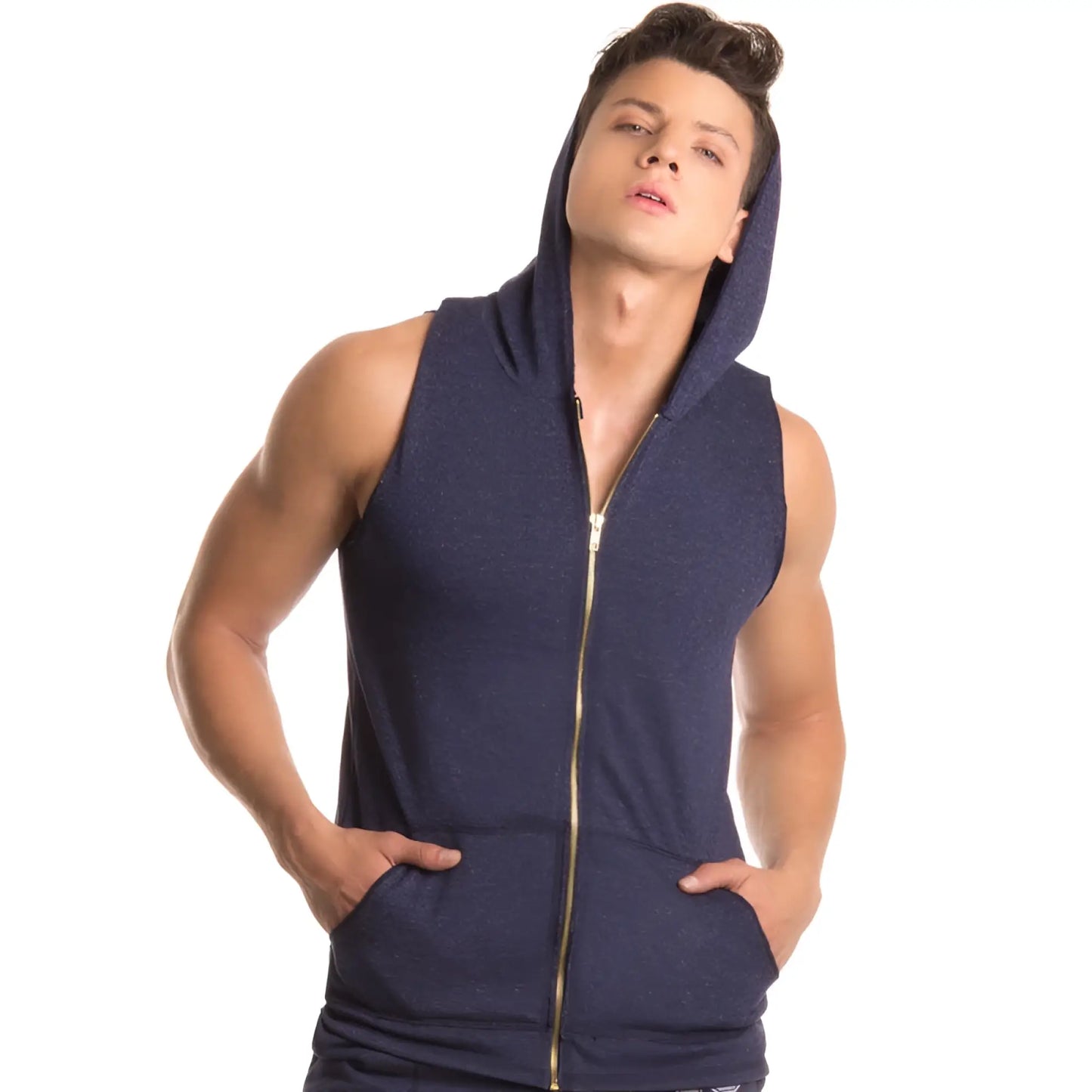 Navy blue sleeveless zip-up Jor FIGHTER hoodie tank top with gold zipper and front pockets size large