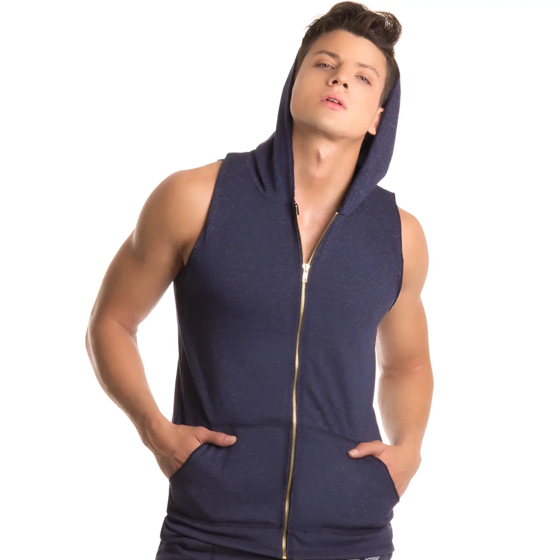 Navy blue sleeveless zip-up Jor FIGHTER hoodie tank top with gold zipper and front pockets size large