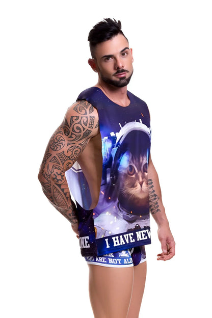 Blue and white astronaut-themed tank top with a cat graphic jor galactic tank top t shirt 0470 size xl