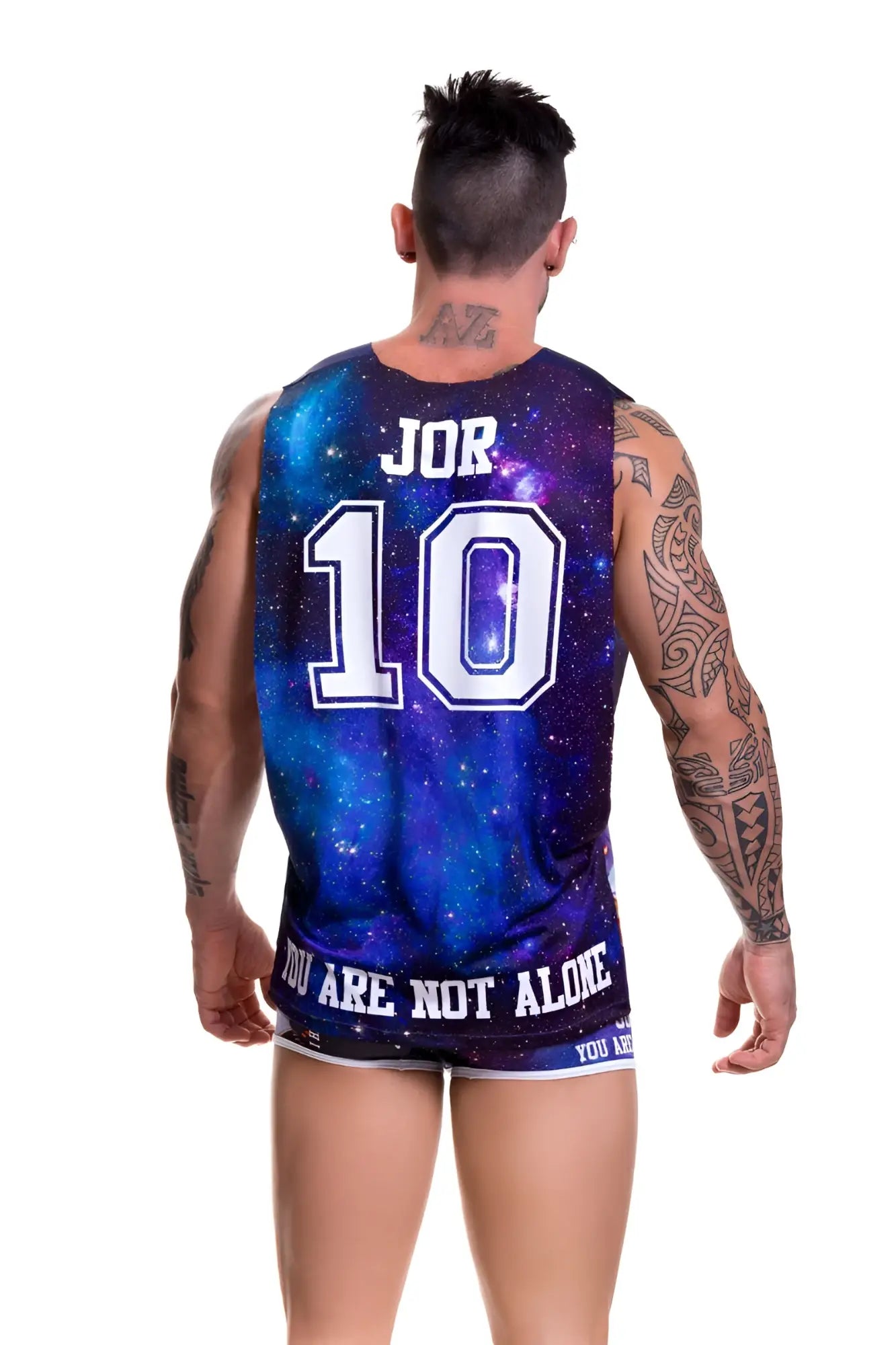 Cosmic-themed sleeveless basketball jersey in deep blue and purple with white stars, name jor and number 10 on back