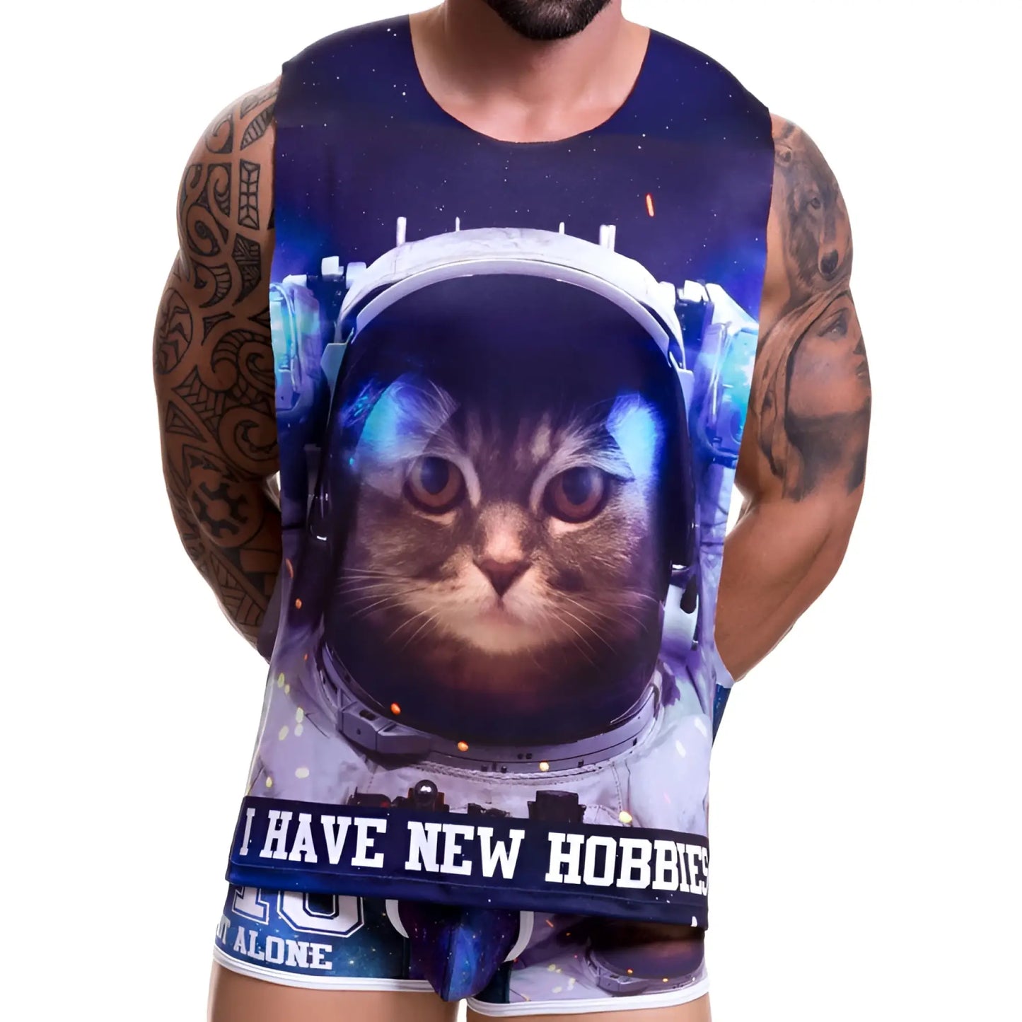 Jor GALACTIC navy blue sleeveless tank top with 3D astronaut cat graphic and i have new hobbies text size XL