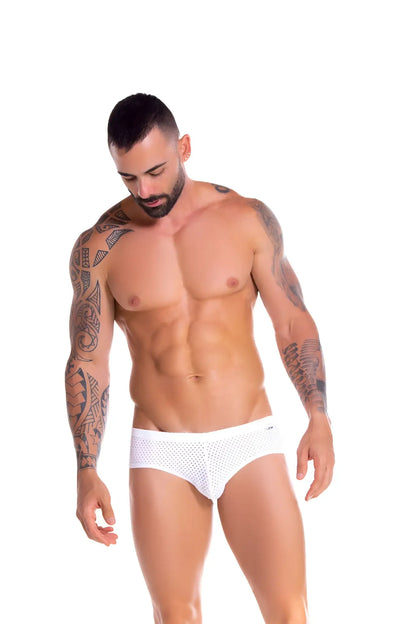 White perforated jor gipsy mesh bikini underwear with subtle waistband logo size m showing front side