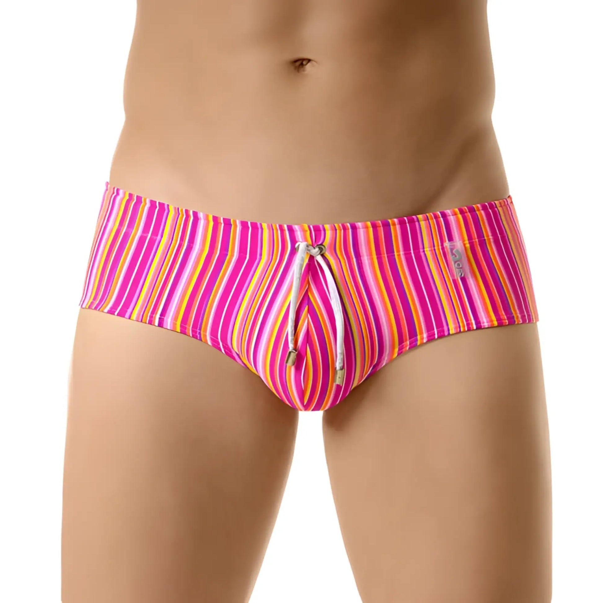 Jor gum brief swimwear size m in vibrant pink and orange striped fabric with drawstring waistband for swimming