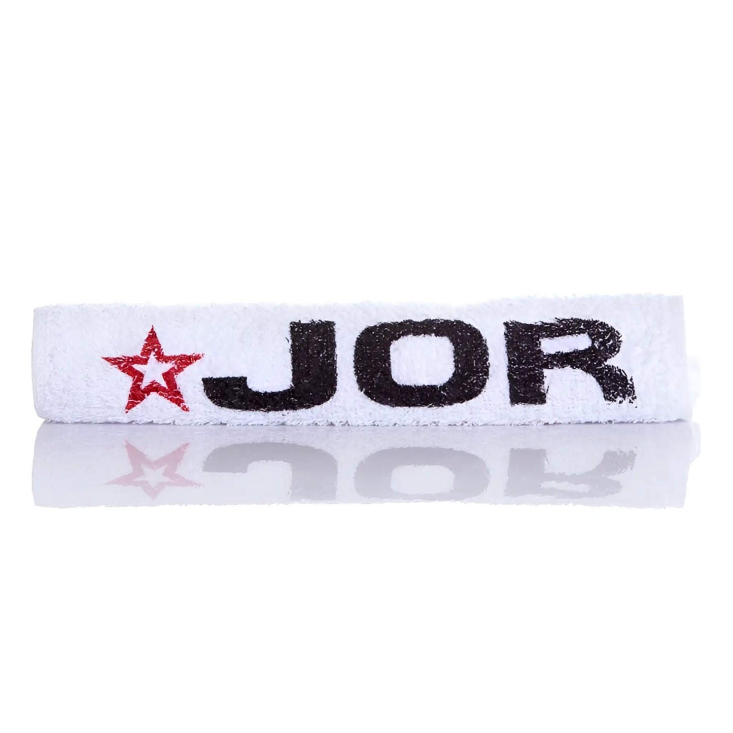 White jor gym towel mini sweatband with black embroidered lettering and red star logo in one size