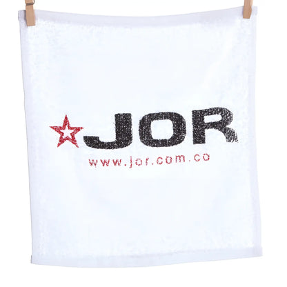 White terry cloth jor gym towel mini towel with black and red embroidered logo and star design