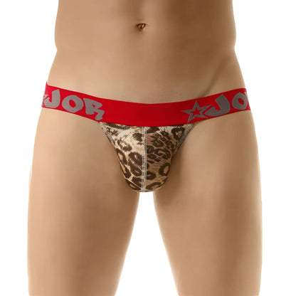 Red and gray leopard-print jor brand thong with bold red waistband and jor logo in size L front view