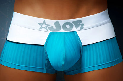Jor light boxer underwear in turquoise with bright stripes and a white waistband featuring the job logo size s