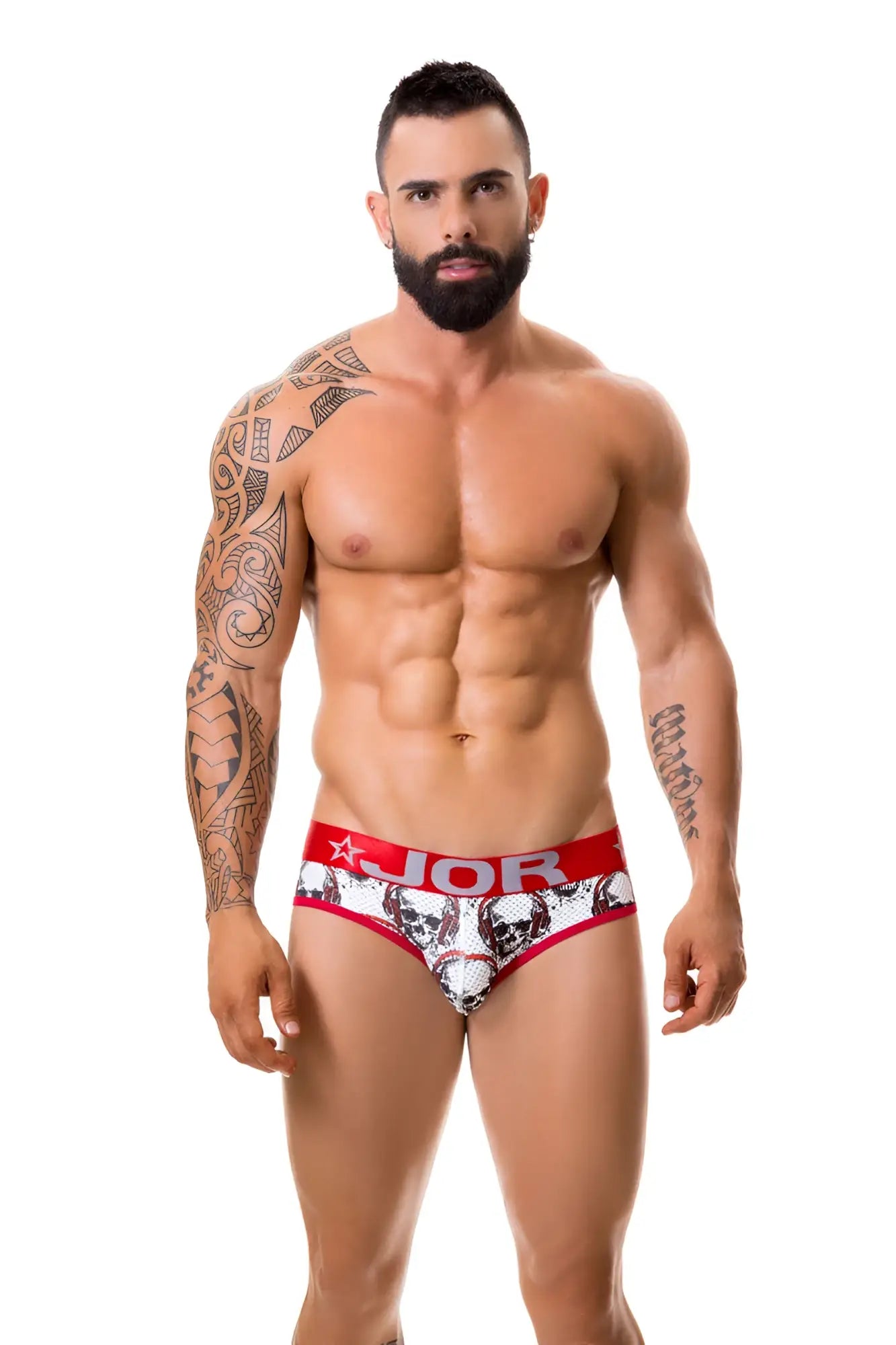 Red and white patterned jor music thong underwear size xl featuring skull design and branded waistband
