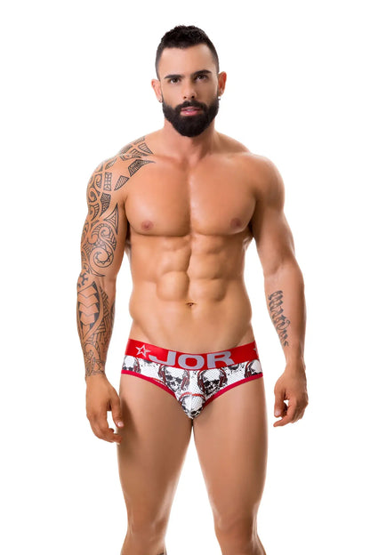 Red and white patterned jor music thong underwear size xl featuring skull design and branded waistband