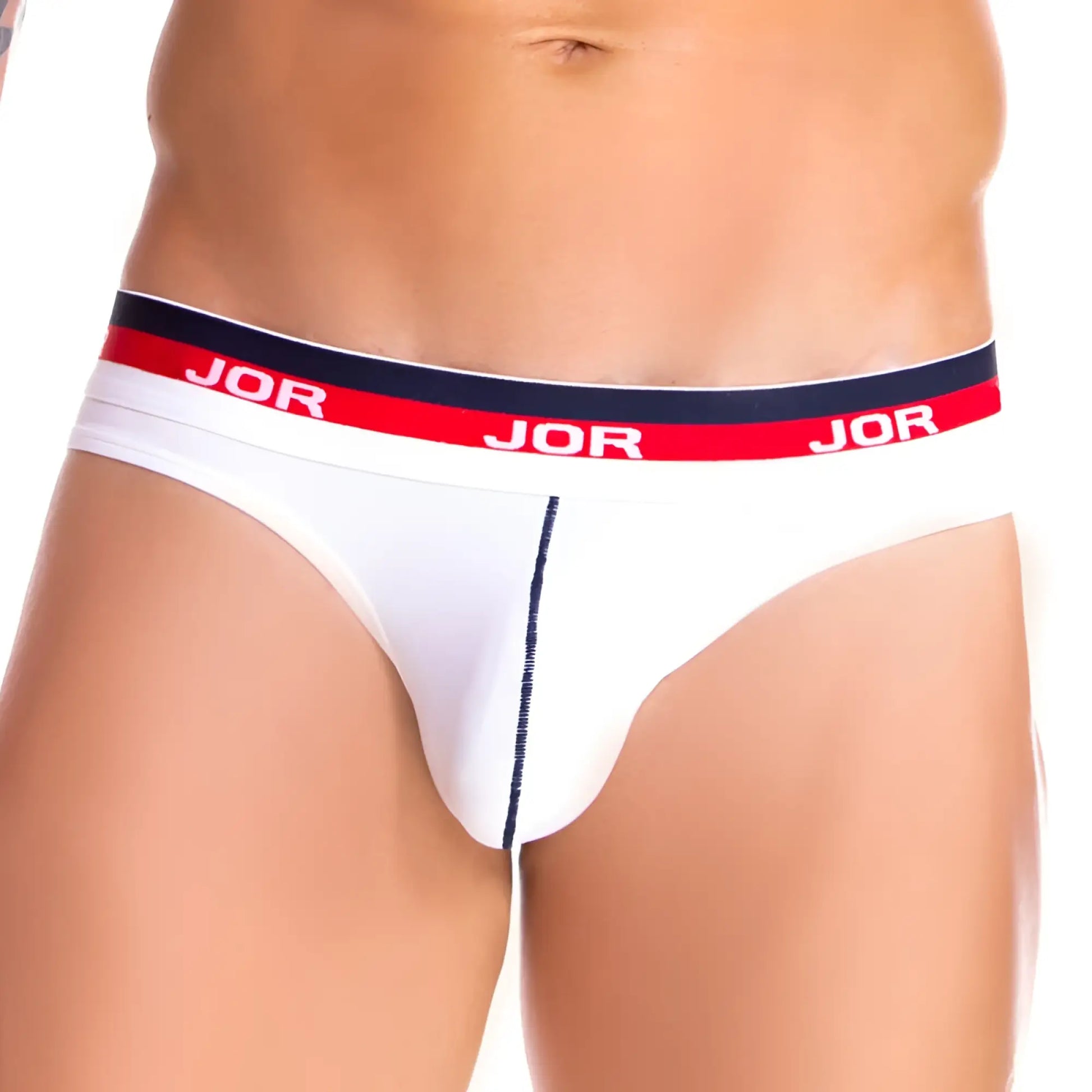 White jor naval bikini underwear with red and navy waistband featuring jor logo in size xl