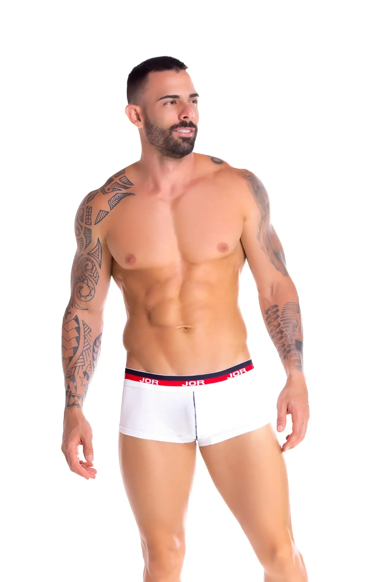 White jor naval boxer briefs with red and navy elastic waistband featuring joe brand logo size medium