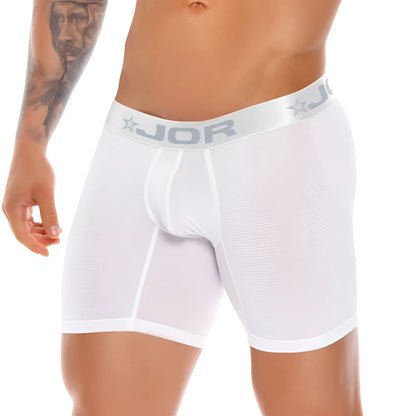 White jor odeon pinstripe long boxer briefs with silver waistband featuring jor logo and star emblem size l
