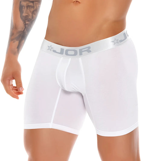 White jor odeon pinstripe long boxer briefs with silver waistband featuring jor logo and star emblem size l