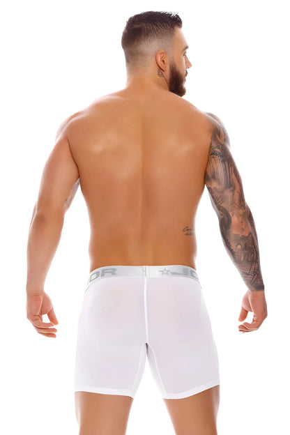White men’s jor odeon pinstripe long boxer briefs with gray elastic waistband and star logo design size l