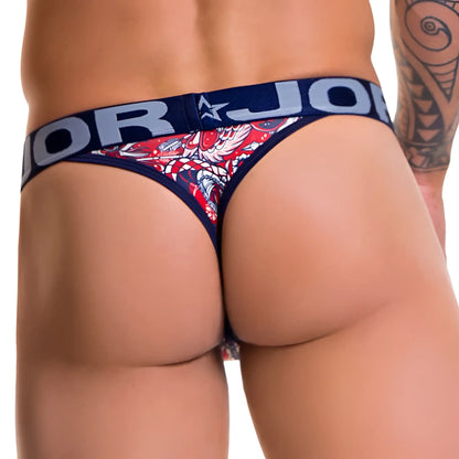 Navy blue jor renaissance thong underwear with red and white dragon pattern and gray jor logo on waistband size L