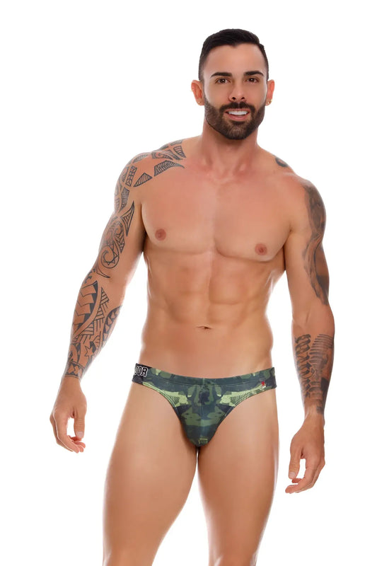 Green camouflage patterned men’s briefs with black waistband jor shark thong swimwear 1029 size l front view