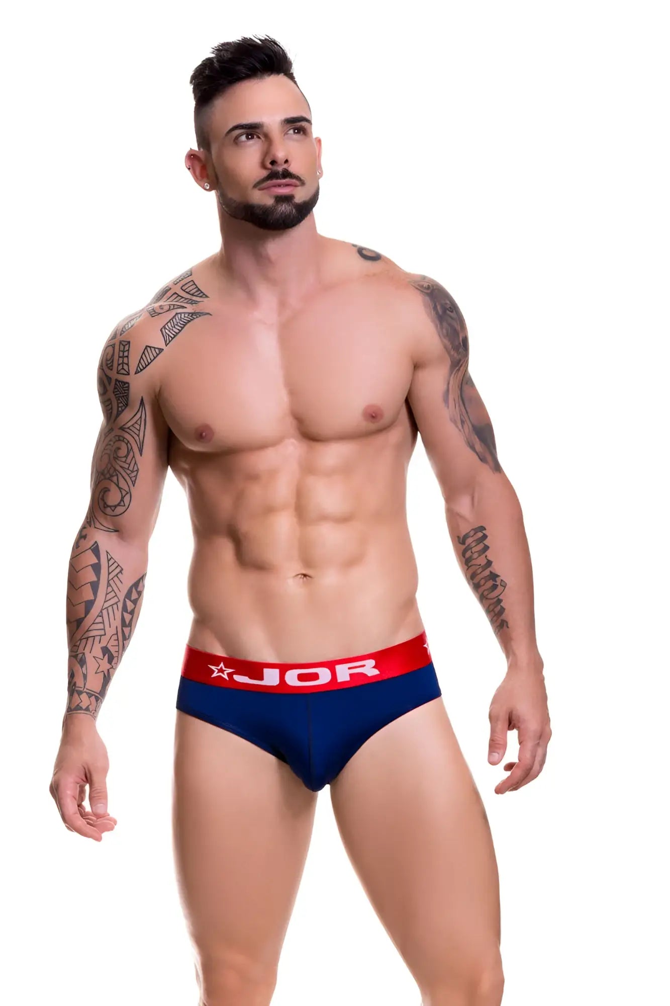 Navy blue jor soft bikini thong underwear with red waistband and star emblem size small front view