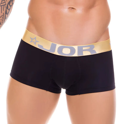 Black jor soft boxer underwear with gold waistband featuring brand name and star logo in size l