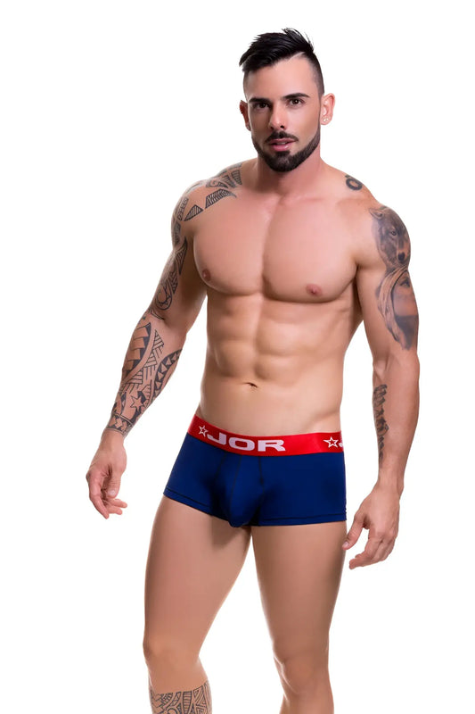 Navy jor soft boxer underwear size l with blue fabric and red waistband featuring white star logos