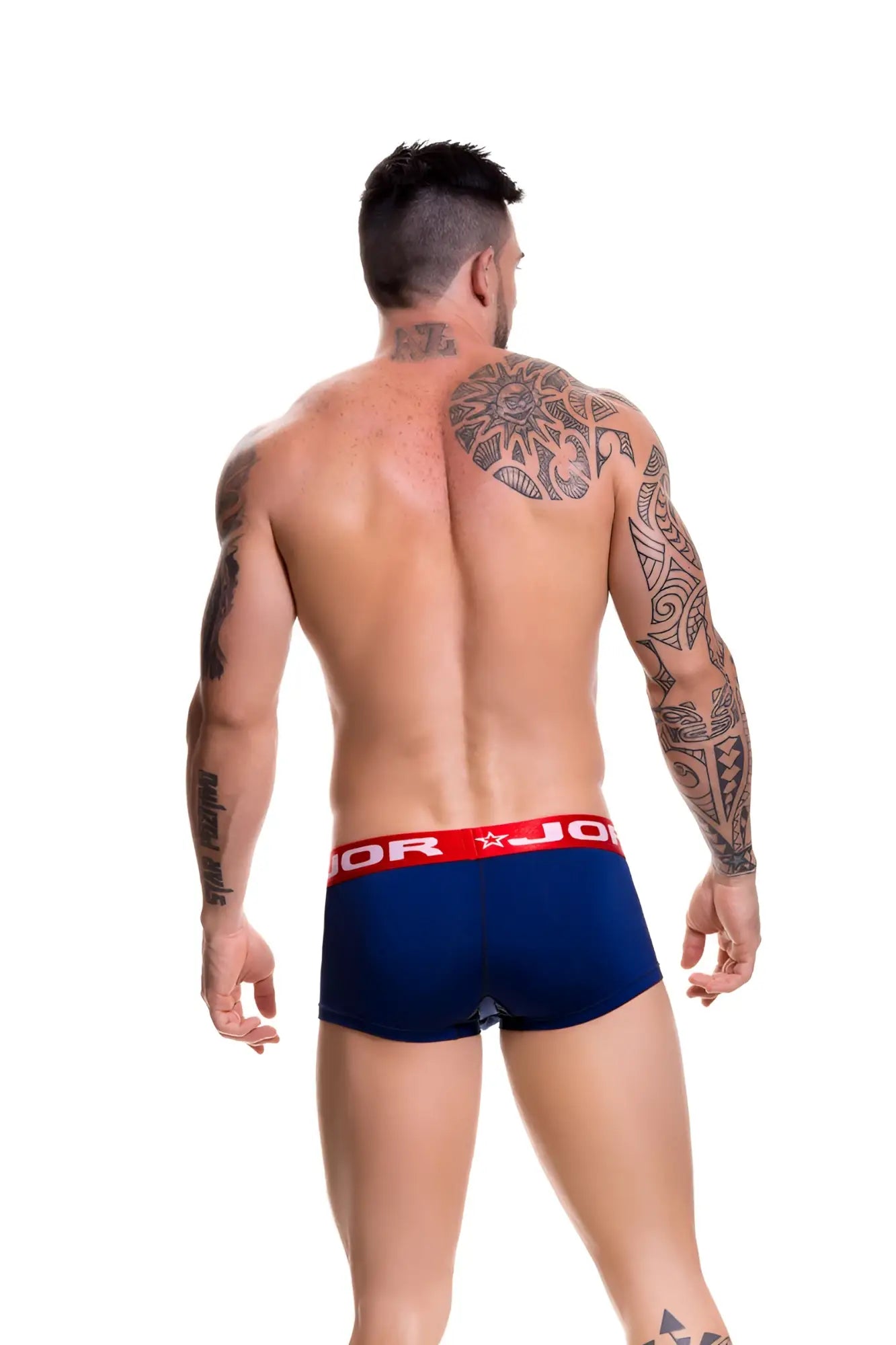 Navy blue jor soft boxer underwear with red waistband featuring star design size l shown from back side