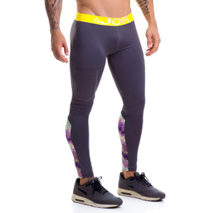 Dark gray jor speed long pants grey 0447 size s leggings with bright yellow waistband and geometric thigh patterns