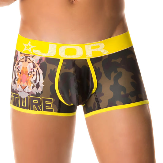 Yellow-trimmed jor tiger boxer underwear in size l with bold tiger graphic and camouflage pattern for men
