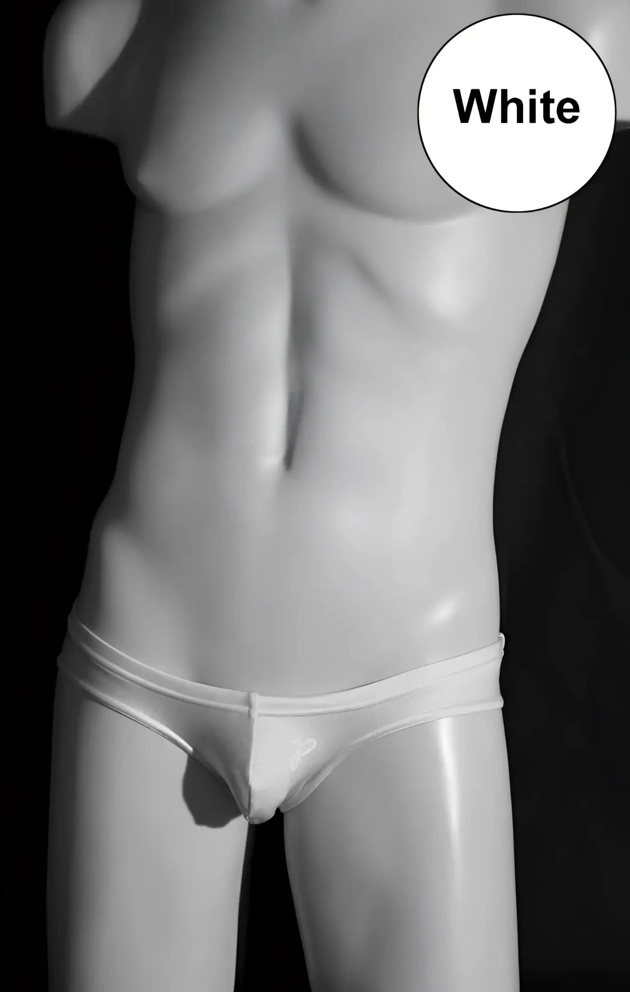 White glossy-finish men’s briefs made of lycra displayed on a mannequin for jp-beach classic mini bikini swimwear xl