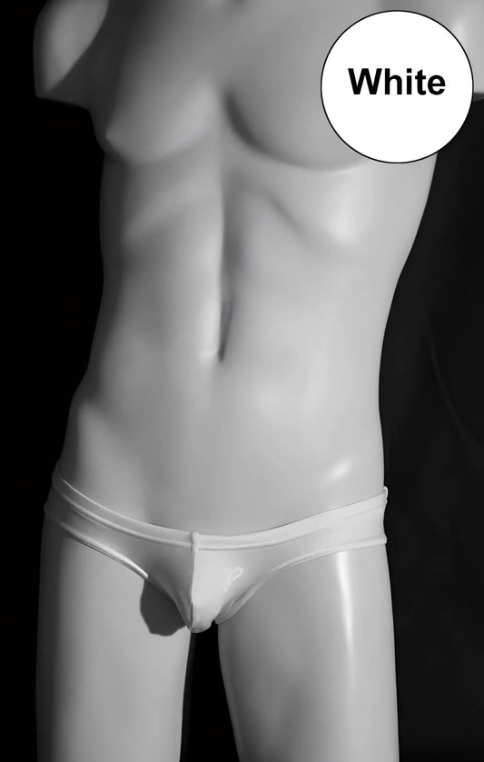 White glossy-finish men’s briefs made of lycra displayed on a mannequin for jp-beach classic mini bikini swimwear xl