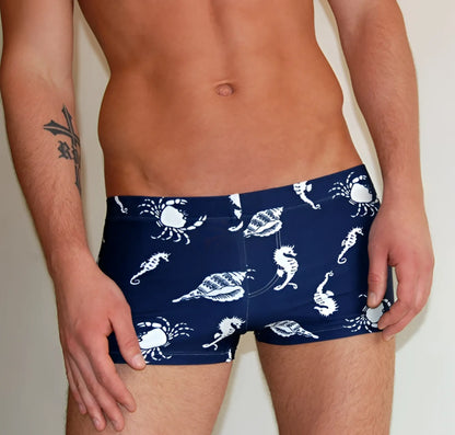 Navy blue js dirty industry sea animal square cut trunk swimwear with white seahorse crab and shell pattern size m