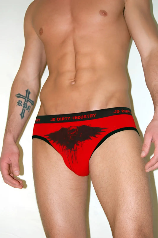 Red and black js dirty industry low cut seamless briefs with eagle skull graphic and branded waistband size m