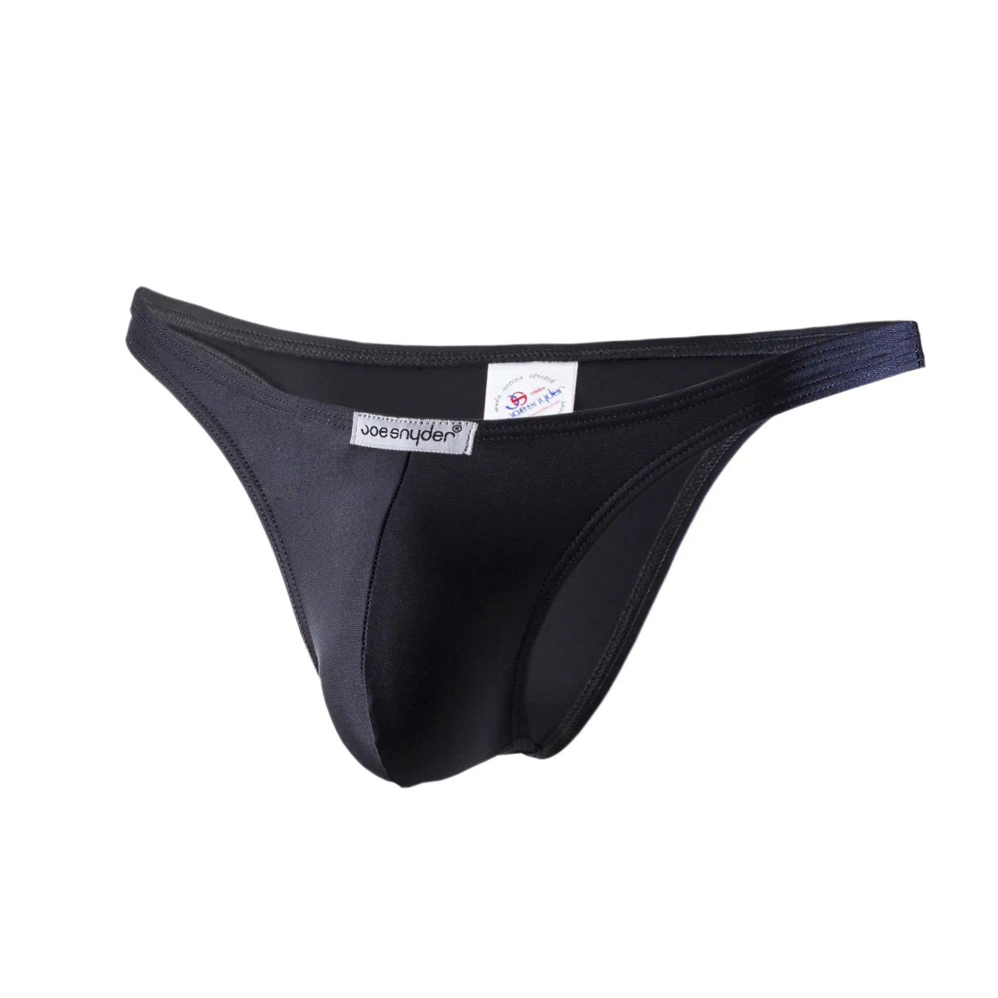 Black joe snyder thong with smooth form-fitting polyester fabric and elastic waistband shown from the back side