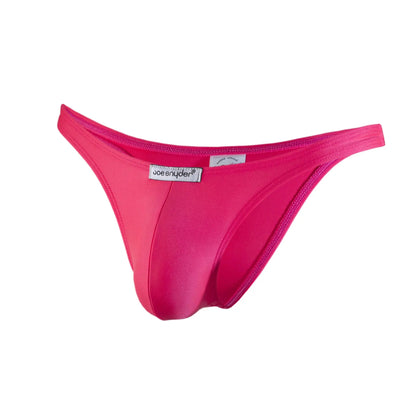 Bright pink joe snyder thong made of smooth stretchy polyester fabric with a sleek form fitting design shown from the back