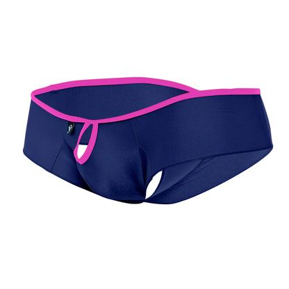 Navy blue joe snyder holes mini cheek men’s briefs with vibrant pink trim and distinctive cutout design