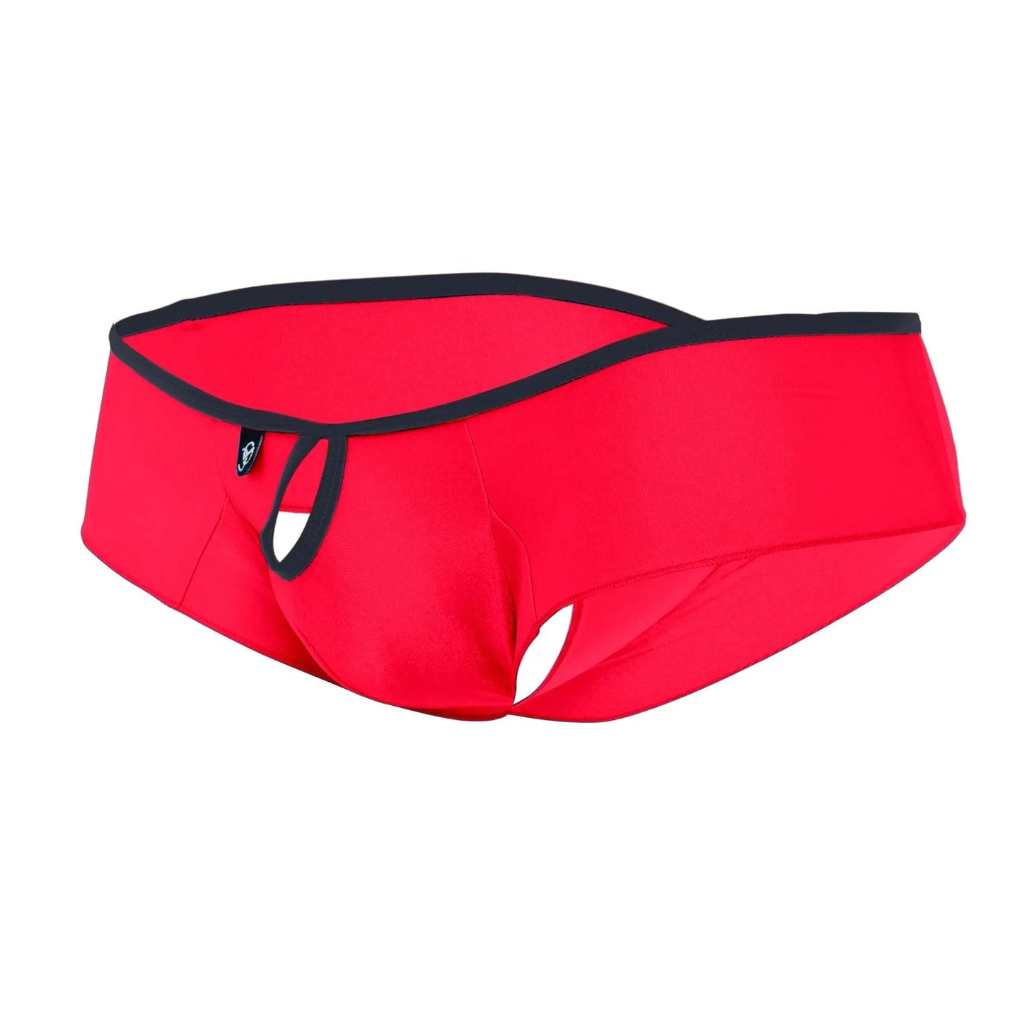 Bright red men’s briefs with black trim and central cutout from Joe Snyder Holes Mini Cheek collection