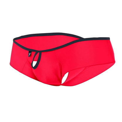Bright red men’s briefs with black trim and central cutout from Joe Snyder Holes Mini Cheek collection