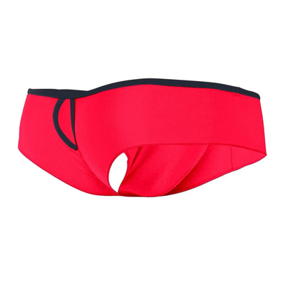 Bright red joe snyder holes mini cheek swim trunks with black trim and distinctive cutout design front view