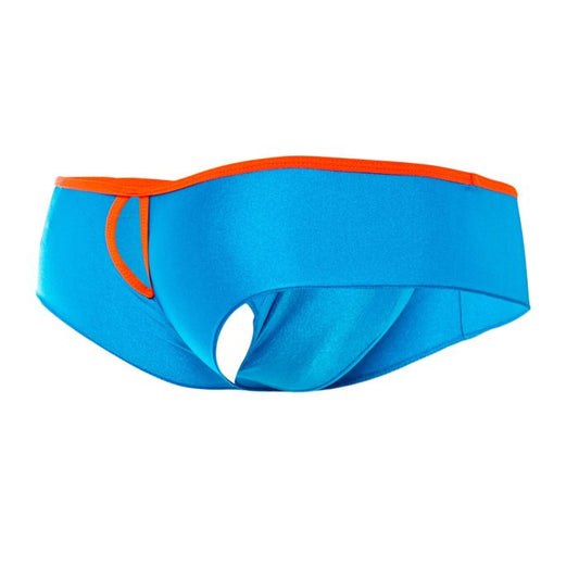Joe snyder holes mini cheek swim trunks in bright blue with bold orange trim on waistband and leg openings