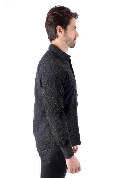 Jurox l S shirt black button-up with subtle white polka dots and a textured quilted pattern for stylish wear