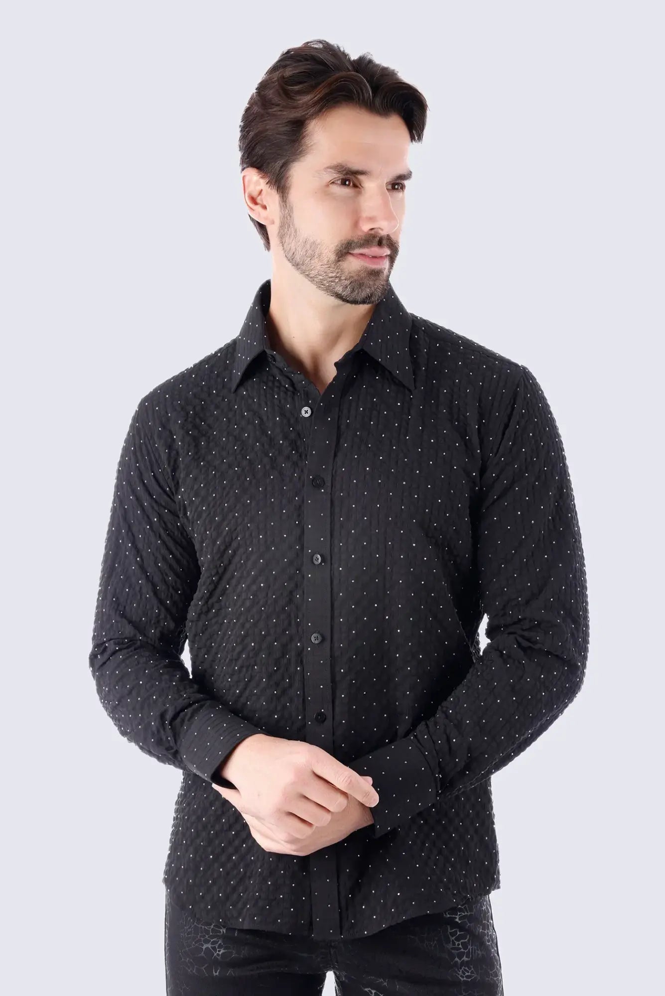 Jurox long-sleeved black button-up shirt with subtle white polka dots perfect for casual or office wear
