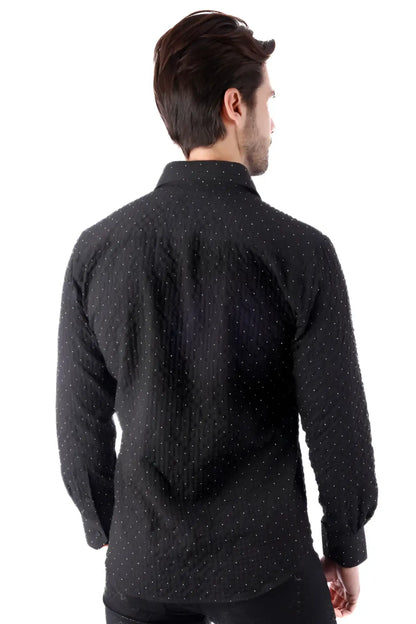 Jurox long-sleeved black button-up shirt with subtle textured weave and small white polka dots