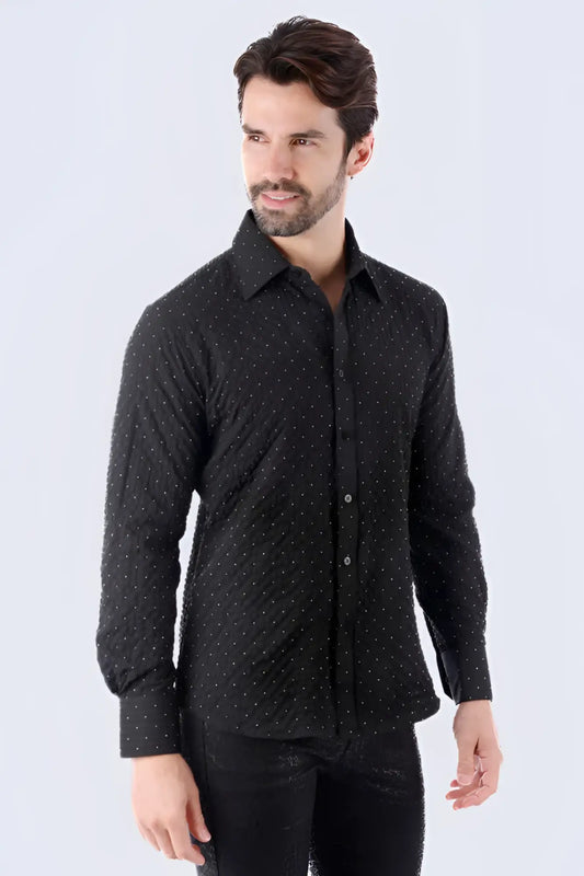 Jurox long-sleeved black button-up shirt with subtle tiny white dot pattern ideal for casual and formal wear