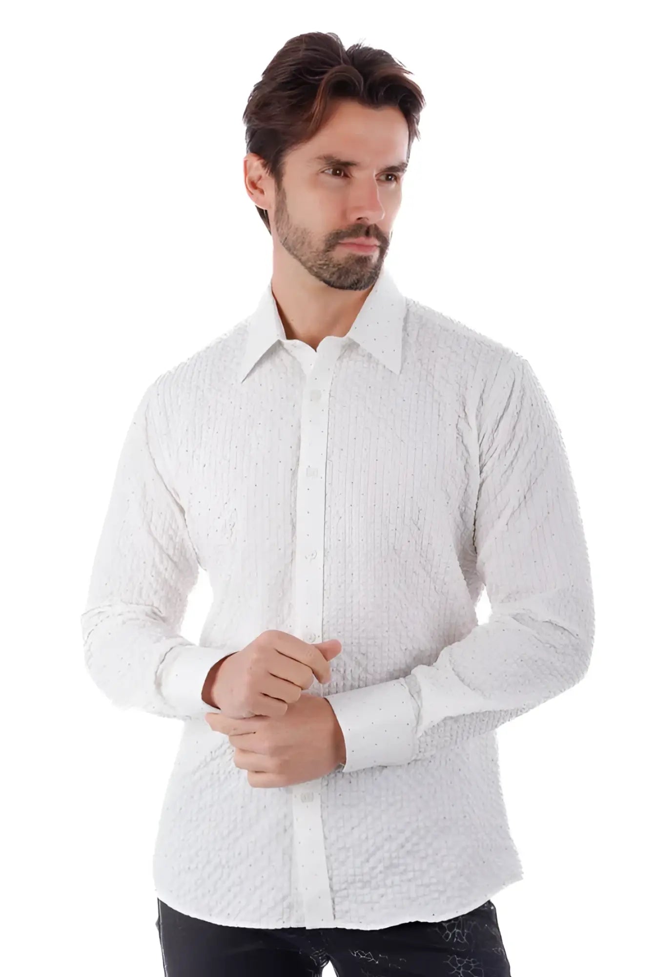Jurox white long-sleeve button-down shirt with subtle vertical ribbing textured fabric for casual wear