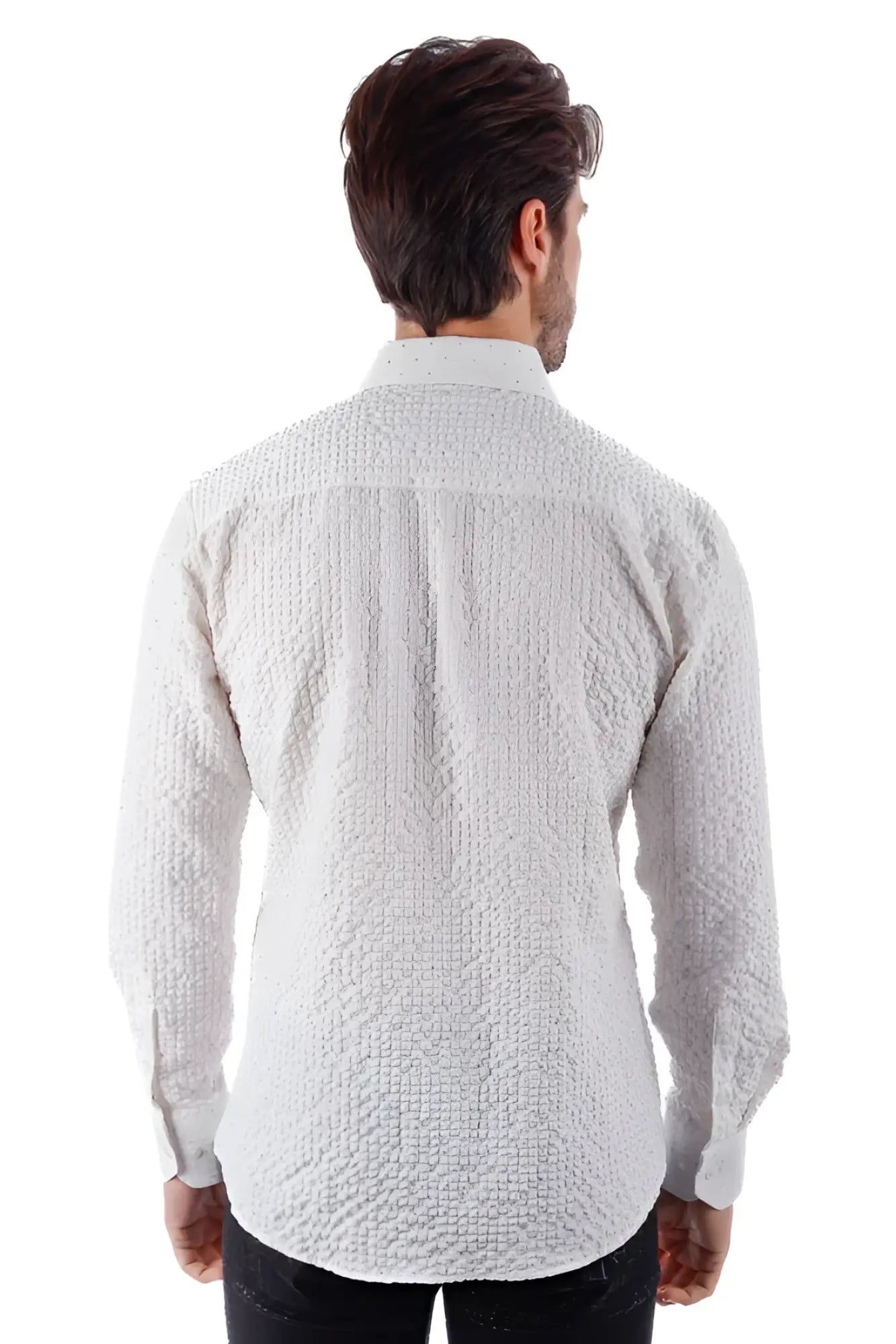 White textured long-sleeve button-up jurox shirt with subtle woven pattern perfect for formal or casual wear