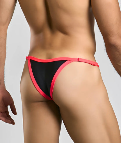 Black and pink thong from Justin and Simon bikini one with a snug form-fitting design shown from the back side