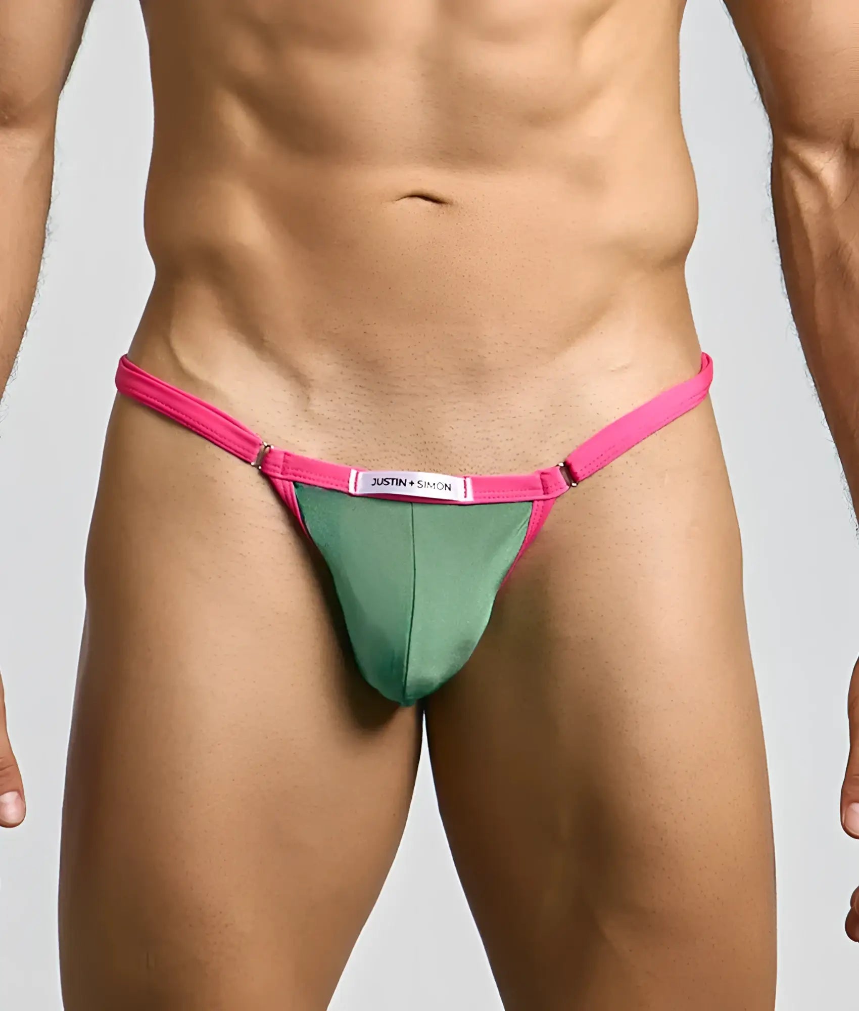Bright pink and sage green justin and samson thong with sleek minimalist design in the justin plus simon bikini one