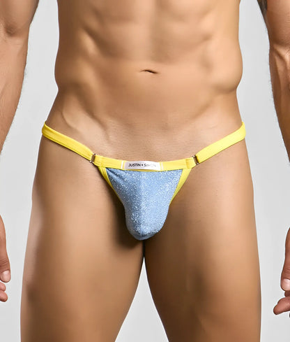 Bright yellow and shimmering blue glittery thong bikini from Justin and Simon with visible brand label