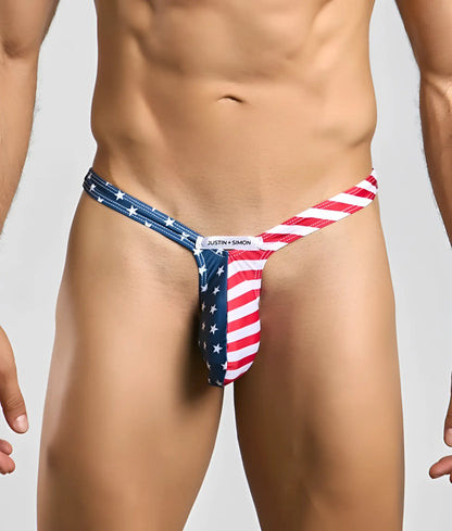 Justin simon bulge thong in american flag print featuring patriotic red white and blue colors and minimal coverage design
