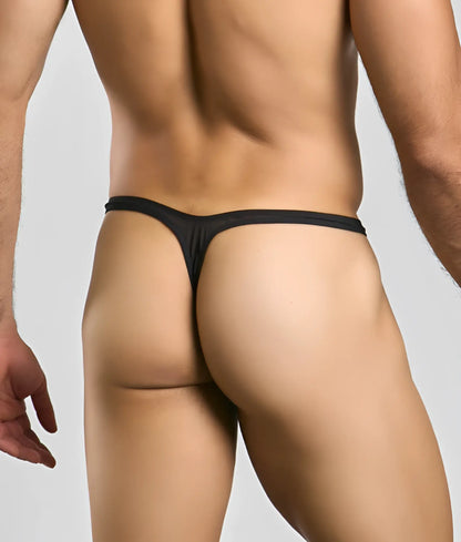 Black thong bulge thong by Justin + Simon made of smooth stretchy fabric with a sleek minimalist design