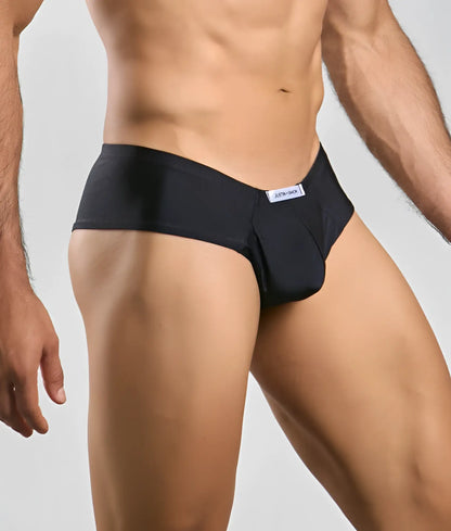 Black jockstrap with sleek form-fitting design and subtle white brand tag at waistband from Justin Simon Cheek